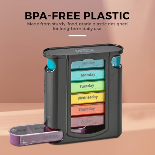 Image of Weekly Pill Organizer, 1 Dispenser, 7 Stackable Compartments Four Times-a-Day - Morning, Noon, Evening, and Bedtime, Black