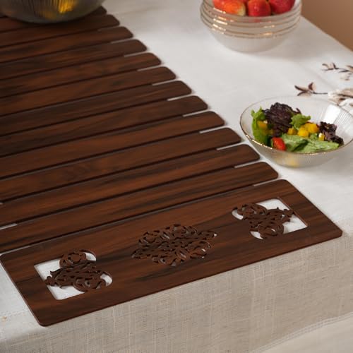 Image of HOME 360 Modern Slat Table Runner | Decorative Finish MDF Slats with Intricate Cut-Out Patterns | 14X72 Inches | Rollable Table Centerpiece for Dining Room, Kitchen | (Darkbrown 1, 14X72 INCH)