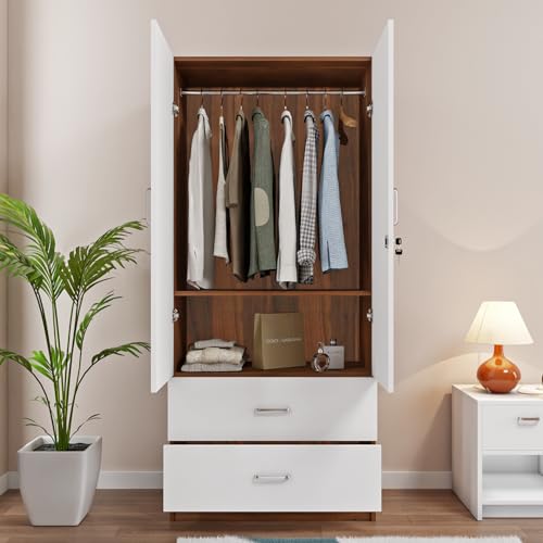 Image of VIKI Wardrobe | Albarracin Wardrobe | Wooden Almirah for 2 Door Wardrobe with 2 Drawer & Hanging Space with Mirror (Walnut |White - 40D x 80W x 180.8H) | 1 Year Warranty | Free Assembly