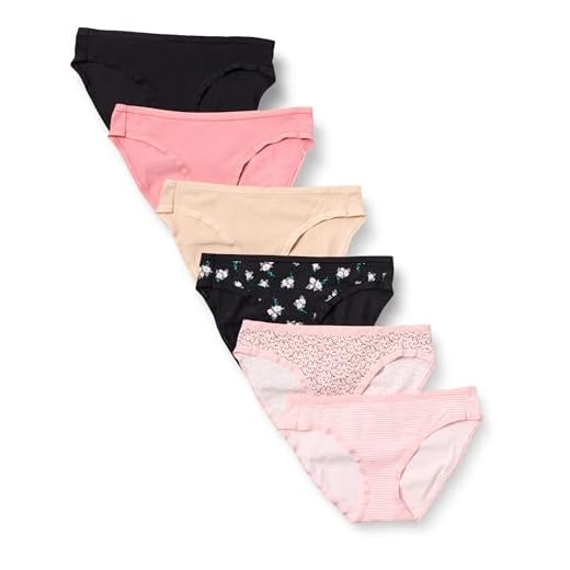 Amazon Essentials Braguita de Bikini de algodón (Disponible en Tallas Grandes) Mujer, Pack de 6, Floral/Floral Pequeño/Mini Rayas/Multicolor, 38