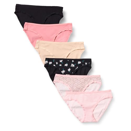 Amazon Essentials Braguita de bikini de algodón (disponible en tallas grandes) Mujer, Pack de 6, Flores Pequeñas/Floral/Mini Rayas/Multicolor, 48