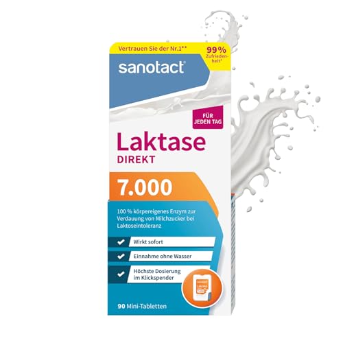 sanotact Laktase 7.000 DIREKT (90 Mini Laktasetabletten) • Laktose Tabletten für jeden Tag • Bei Laktoseintoleranz, Laktose- & Milchunverträglichkeit • Schnelle Einnahme ohne Wasser