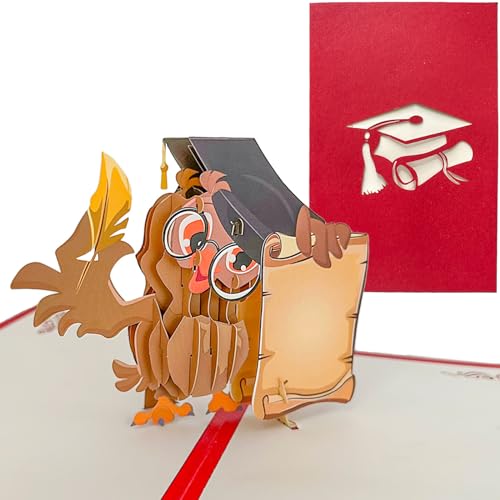 BOOSHMall Biglietto Auguri Laurea 3D Biglietto Regalo Pop Up Laurea Rosso con Gufo Congratulazione Gadget Laurea Auguri per Uomo o Donna Addobbi Cerimonia Università, Busta Inclusa