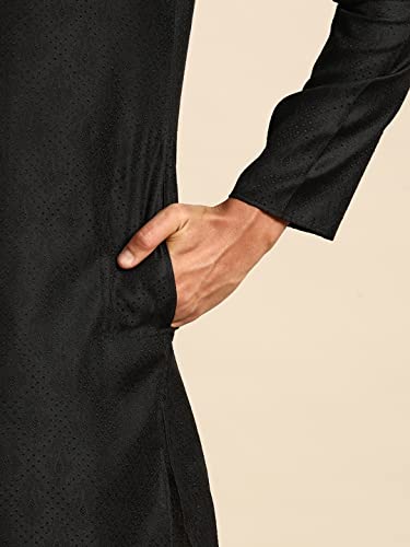 Image of Men's Black Art Silk Regular Fit Ethnic Motifs Kurta | Indian Kurta | Festive Ethnic Kurta with Embroidered Packet
