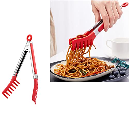 Red Stainless Steel Pasta Tong, Large 9" Stainless Steel Spaghetti Tongs, Comfortable Grip Design Pasta Server Utensil For Noodles Kitchen Cooking Baking Tools #TOP4