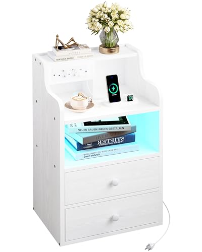 IRONCK Nachttisch LED mit Steckdose und Ladefunktion, Beistelltisch Holz, Nachtschrank mit 2 AC, 1 USB& 1 Type-C Anschlüsse, Sofatisch mit 2...