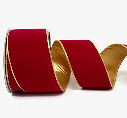 Red Velvet with Gold Back & Wired Gold Edge 63mm Ribbon on a 10m Roll