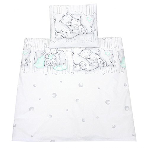 TupTam Baby Beddengoed voor Kinderwagen en Wieg 4-delig , Knuffelbeertjes Grijs / Munt, 80x80 cm - Afbeelding 3