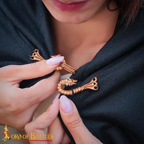 Image of Lord of Battles Medieval Cloak Clasp (Made of Bronze) | Viking Celtic Dragon Design Hook for Cloak Scarf, Shawl | Handmade Cloak Clasp Lost-Wax Cast Bronze