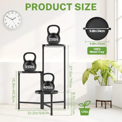 Image of iDavosic.ly 3 Tier Large Plant Stand Indoor with 10 Inch Wide Tray, Tiered Corner Metal Outdoor Flower Display Holder Shelf, Folding Tall Rack for Patio Porch Living Room, Modern Black