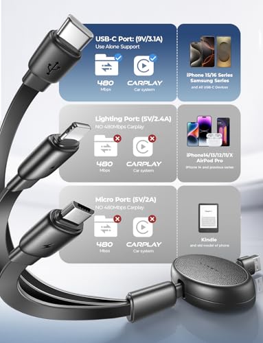 LISEN Retractable 3-in-1 Multi Charging Cable w/ USB-C, Lightning & Micro USB (Black) - image 2
