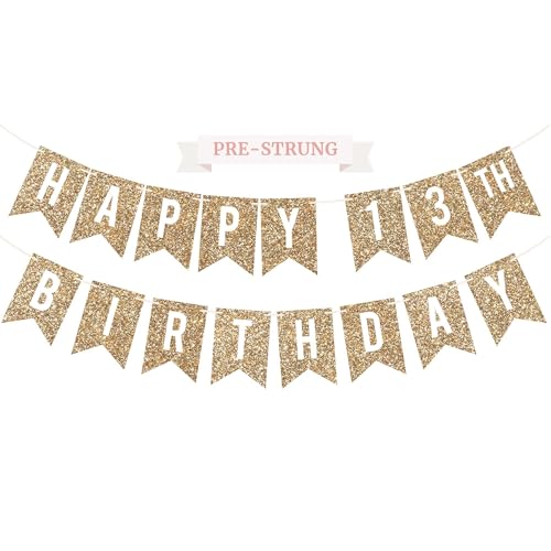 Image of Pre-Strung Happy 13th Birthday Banner - Gold Glitter Birthday Banner | No DIY - Gold Glitter 13th Party Decorations for Boys & Girls - Pre-Strung on 6 ft Strands - Bday Party Decorations & Decor