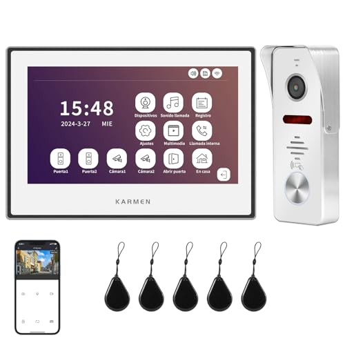 Karmen Videoportero Tuya Wi-Fi, Pantalla táctil de 7 Pulgadas, videoportero inalámbrico 1080P, grabación por detección de Movimiento, Habla, Abre 2 cerraduras