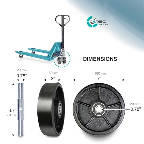pallet jacktruck steering wheels set with axle fasteners and protective caps 4 pcs 734 x 234 with bearings id 20mm poly tread black