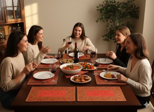Image of Brocade Silk Placemats for Dinning Table 12 x 18 Inches Hand Embroidered, Set of 6 Decorative Placemats for Home (Orange)