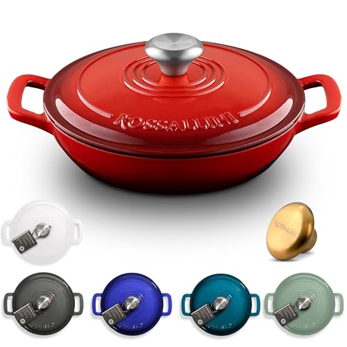 ROSSALLINI Signature - Estofador de hierro fundido esmaltado, olla antiadherente con tapa ajustada para asar, hornear, saltear, asar y freír en sartén perfectos, 1.5Q (1.4 L) - Rojo
