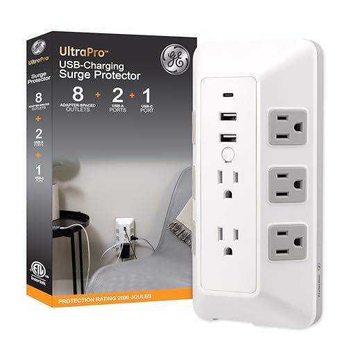 GE 8-Outlet Surge Protector with USB, Outlet Extender, 2 USB-A, 1 USB-C, Adapter Spaced, Multi Plug, Charging Station, for Home School and Office, 2000 Joules, White/Gray - 73654