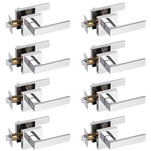 Probrico Heavy Duty Door Handles Polished Chrome, Interior Keyless Door Levers for Closet&Hall Doors, Square Non-Locking Passage Door Leversets Reversible for Left/Right Handed Doors, 8 Pack