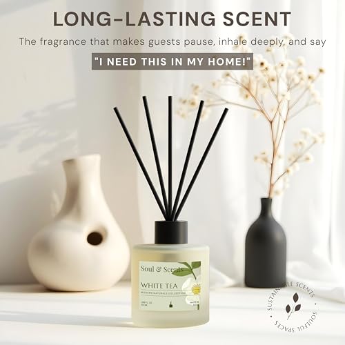 Image of Soul & Scents 50ml White Tea Reed Diffuser Set | Refreshing Aroma of White Florals & Sea Breeze | Get 5 Rattan Reed Sticks | Smoke Less Room Freshener for Home, Bedroom, Living Room & Office