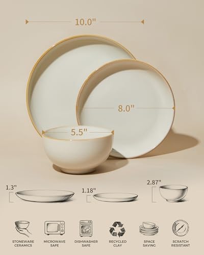 Image of Pokini Stoneware Dinnerware Sets for 6, 18 Piece Microwave Safe Plate and Bowl Set, Easy to Clean & Durable Dishes Sets for Small to Medium Families, Yellow White
