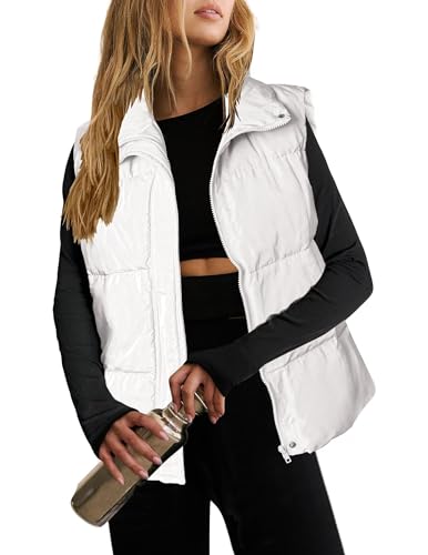 Zeagoo Women Puffer Vest Lightweight Stand Collar Sleeveless Winter Warm Zip Up Padded Outerwear Jackets with Pockets White L