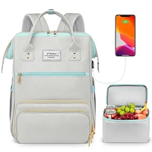 ETRONIK Lunch Backpack, 15.6 Inch Laptop Backpack with USB Port, Stylish Nurse, Teacher Work School Bag with Insulated Cooler Lunch Box for Women Men, College Backpack for Travel, Grey Blue