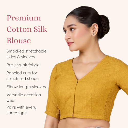 Image of Studio Shringaar Women's Thick Handloom Cotton Plain Side Stretch (Smocked) Readymade Saree Blouse