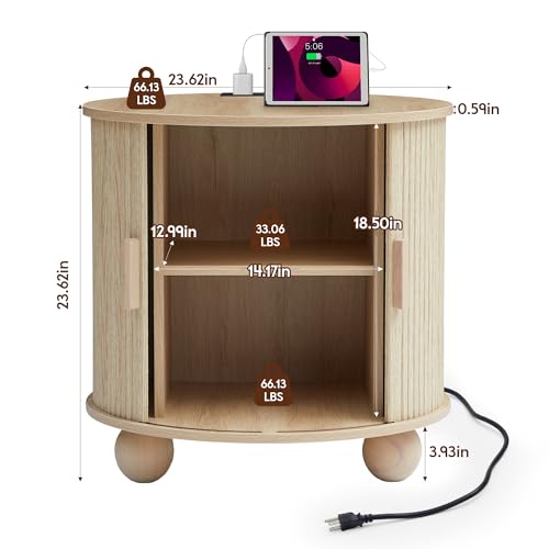 Image of 24 inch Fluted Round Nightstand Set of 2, Mid-Century Large Wooden End Table with Charging Station, Farmhouse Storage Side Table with Sliding Door for Bedroom Living Room (2XRound, Natural)