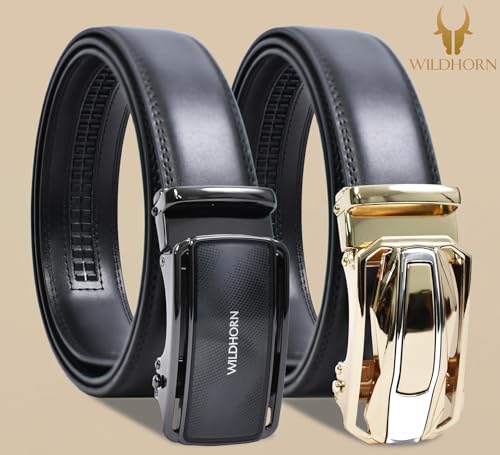 Image of WildHorn Men's Leather Belt Gift Set | Genuine Leather belt Strap with 2 Interchangeable Buckles | Formal & Casual Wear Adjustable Belt | Automatic lock leather belt for men