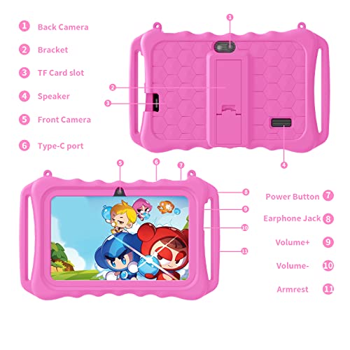 Kids Tablet, 7 inch Android 11 Tablet for Kids, 6GB(2+4) RAM 32GB ROM 128GB Expand, Toddler Tablet with WiFi, Bluetooth, Parental Control, Dual Camera, GPS, Shockproof Case (Pink) - Thumbnail 7