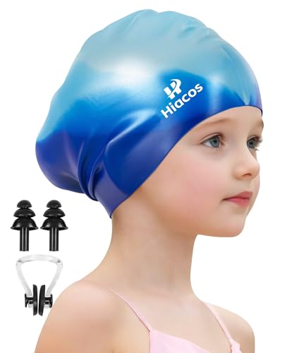 Kids Swim Cap for Girls Boys, 2 Size Silicone Swimming Cap for Long Hair Short Hair, Waterproof Swim Hats Bathing Caps for Age 3-15 Toddlers Children Teens to Keep Hair Dry-Mix Blue