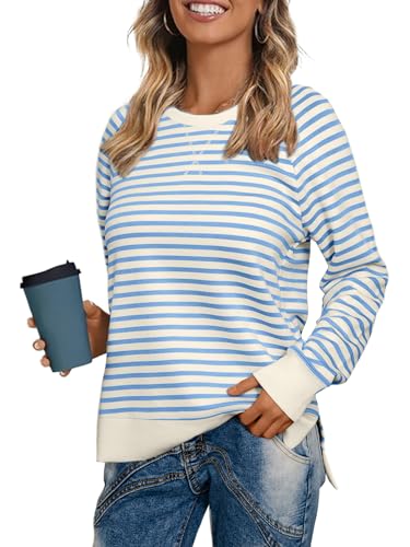 Glamaker Womens Long Sleeve Sweatshirt Crewneck Striped Sweatshirts Pullover Tops Fall Fashion 2025 Blue L