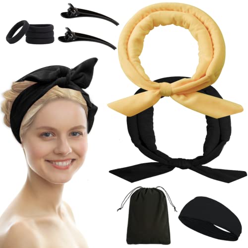 NICPOO No Heat Rollers Hair Curlers for Long Hair,2 Pcs Styler Headband to Sleep in,Curling Ribbon for Women.Mini Hair Ties Styling Accessories Tools.(Black+Champagne)