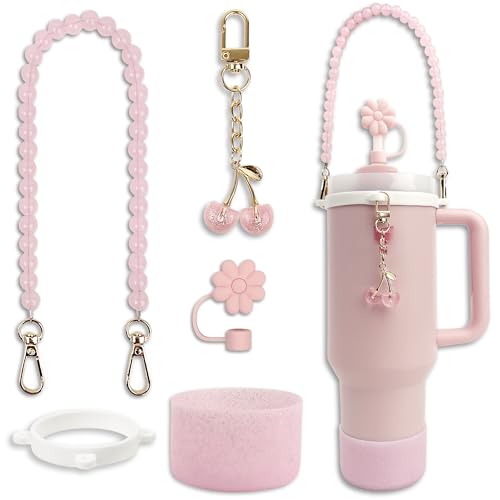 BydGxy Stanley Cup Accessories Set for Stanley 30 oz 40 oz Tumbler, Includes Straw Cover, Silicone Boot, Water Bottle Handle Strap, and Cherry Charm, Compatible with Pink & Purple Stanley Cup (Pink)