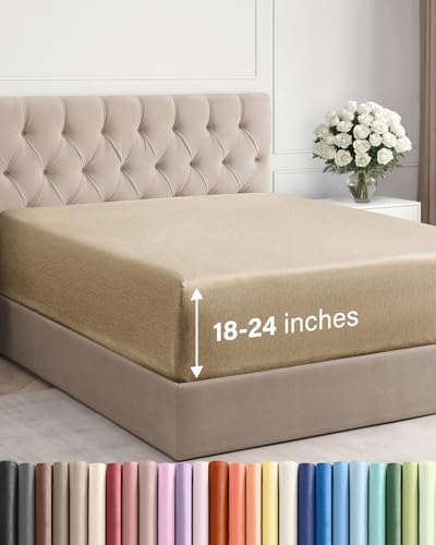 Image of Extra Deep Full Fitted Sheet - Single Fitted Sheet Only - Heathered Tan | Easily Fits 18 inch to 24 inch Mattress, Soft, Wrinkle Free, Breathable & Comfy, Extra Deep Pockets Hotel Luxury Fitted Sheet
