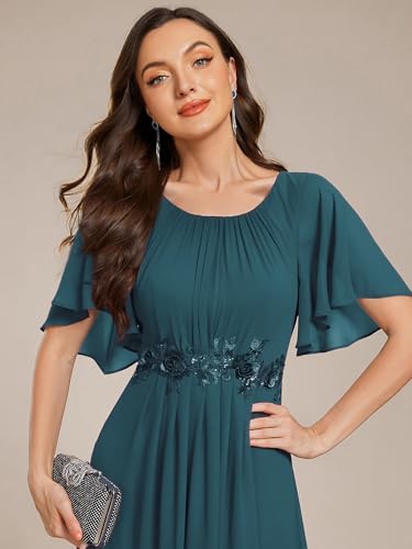 Image of Ever-Pretty Women's Classic Round Neck Pleated Short Sleeves Chiffon Appliques Floor Length A Line Formal Evening Dresses