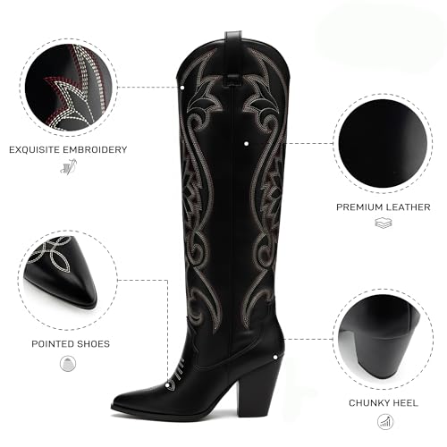 Image of WIRALOMI Cowboy Boots for Women Knee High Western Chunky Heel