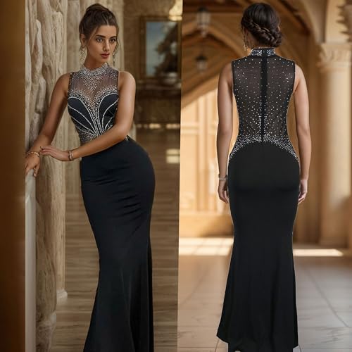 Image of PORRCEY Women's Sexy Elegant Rhinestone Bodycon Dress Hot Drilling Clubwear
