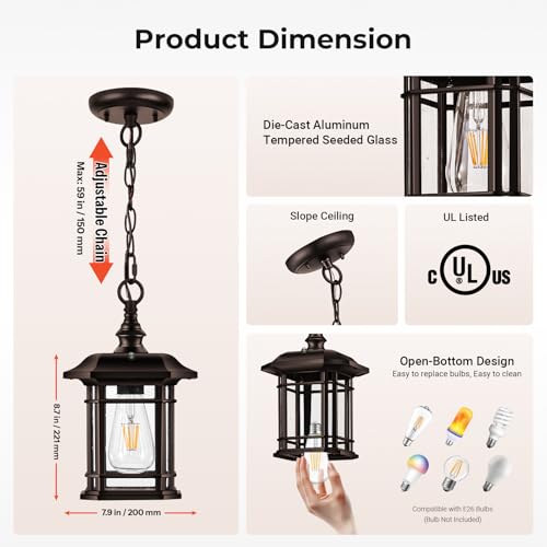Image of Gleamz Dusk to Dawn Hanging Exterior Light, Oil Rubbed Bronze Outdoor Pendant Light, 100% Aluminum Hanging Porch Light Fixture, Outdoor Ceiling Sconce for Porch, Entryway, Backyard, Patio, 1 Pack