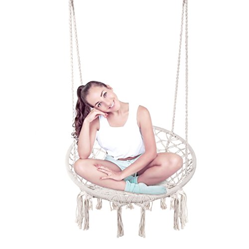 Karriw Hammock Chair Macrame Swing,Cotton Hanging Macrame Hammock Swing Chair Ideal for Indoor, Outdoor, Home,Bedroom, Patio, Deck, Yard, Garden (White)