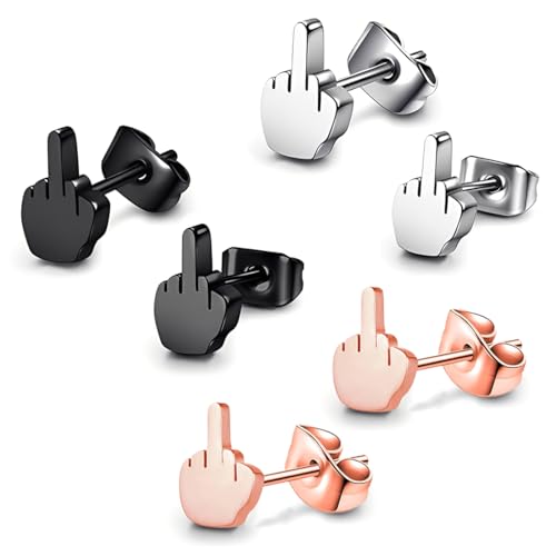 DIFLAX 3 Piezas Pendientes Dedo Medio, Pendiente en Titanio-Acero, Pendientes Hombre, Pendiente Plata, Joya de oreja, Punk, Stile Rock, Adecuado para Halloween y todos los días