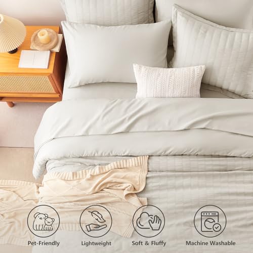 Image of CozyLux Oversized Queen Comforter Set with Sheets, 7 Pieces 98 inchx98 inch Beige Seersucker Bed in a Bag, Luxury Soft Bedding Set with Down Alternative Comforter, Sheets, Pillowcases & Shams, Bedroom Bed Set