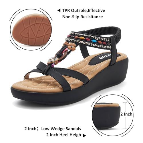 TETSUO Sandals Women Platform Wedge Low Heels Sandals Dressy Flower Summer Beach Rhinestone Casual Shoes for Women Walking Elastic Ankle Strap Open Toe Bohemia Shoes4