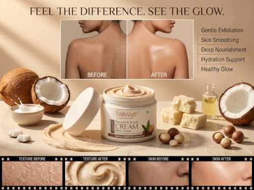 Image of MIRAME Look At Me Smooth & Bright Cream Body Scrub for Skin Brightening & De-Tan | Gentle Exfoliation & Smoothing Polish with Niacinamide & Shea Butter | Deeply Moisturizing Full Body Cleanser for Women & Men - 200 ml