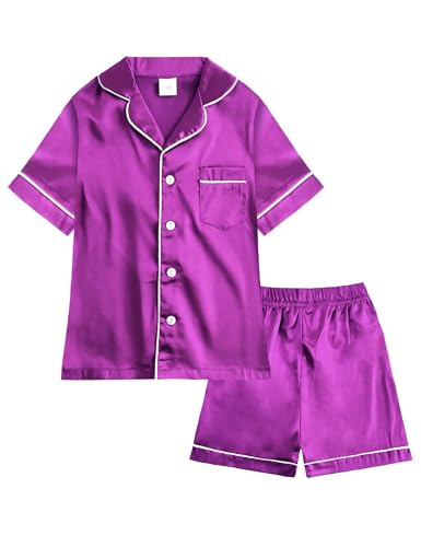 Domusgo Girls' Pajama Sets Size 4t 5t Purple Button Down PJ Set Satin Silk Loungewear Kids Summer Sleepwear