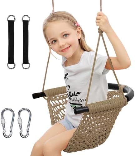 Hand-Knitting Toddler Swing, Swing Seat for Kids with Adjustable Ropes, Little tikes Swings Set, for Outdoor Indoor, Playground, Backyard (Light Brown)
