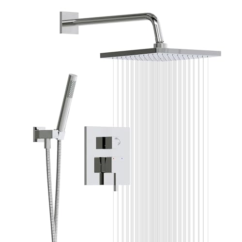 Esnbia Shower Faucet Set, Rain Shower System with Shower Valve, 10 Inches Shower Heads with Handheld Spray Combo, Wall Mounted Shower Fixtures, High Pressure Shower Hardware Set, Chrome
