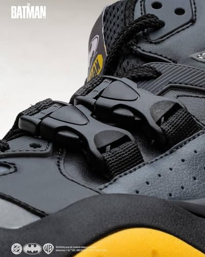 Image of Bacca Bucci Men's Batman-Inspired High-Top Sneakers | Chunky Streetwear Shoes with Mesh Panels, Buckle Strap Detail, Black Grey Yellow Colorway | Casual Statement Shoes