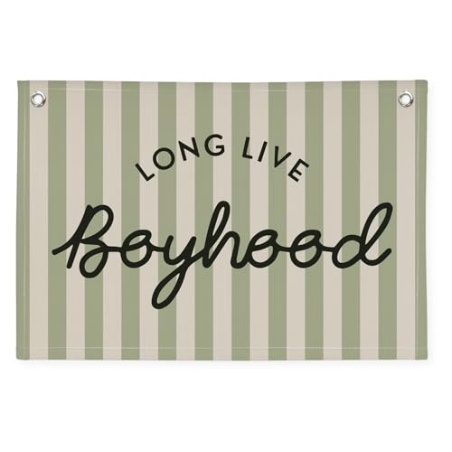 Image of Long Live Boyhood Linen Banner Hanging Vintage Sage Green Stripes Flag Banner for Nursery Playroom Wall Decor for Kids Bedroom Living Room Dorm Toddler Decorations Trendy Room 30x20 boyroom