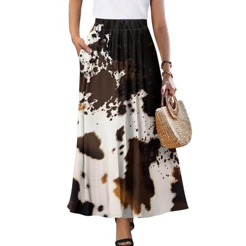 Women Flowy Long Skirts A-Line Pleated High Waisted Cow Print Maxi Skirts Swing Midi Length Skirts with Pockets